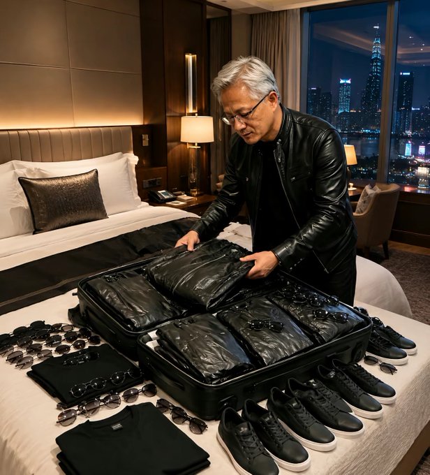 A man in a leather jacket packs identical black outfits and sunglasses into a suitcase, mirroring Morgan Stanley's $288 target price for Nvidia.