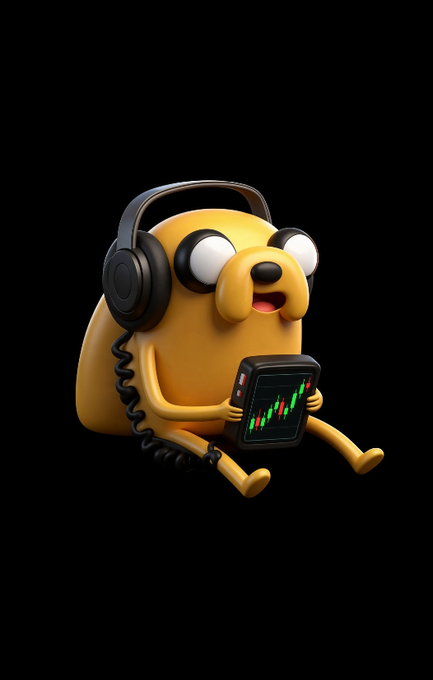 A 3D-rendered cartoon yellow character wearing large black headphones sits against a black background, holding a tablet displaying a green and red stock chart.