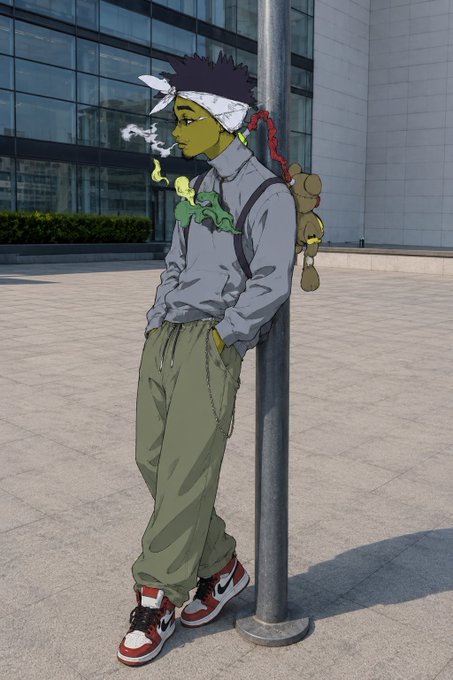 An anime-style digital artwork of a green-skinned character with spiky hair, a white headband, and a frog companion on their shoulder, smoking in front of a pole in an urban setting.
