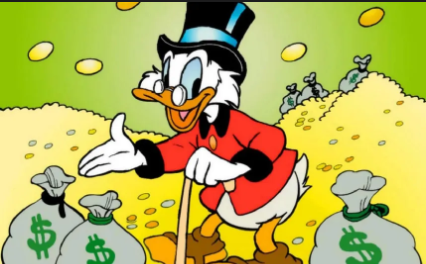 Scrooge McDuck stands gleefully among piles of money bags, gesturing welcomingly with one hand while leaning on his cane. The image of the iconic wealth-hoarding character perfectly illustrates the post's message about seizing cryptocurrency investment opportunities like $ANSEM and $CASHCAT while others aren't paying attention, serving as a visual metaphor for building wealth through informed early action.