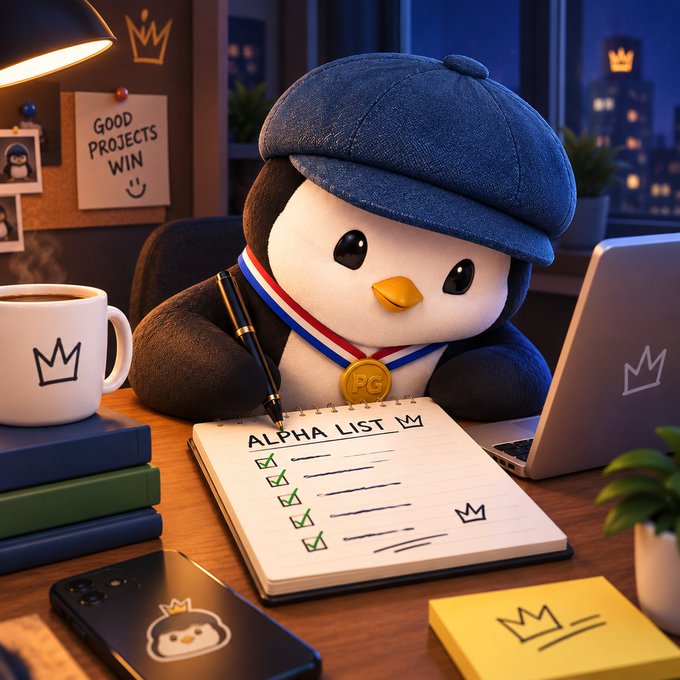 A studious penguin mascot wearing a flat cap and a red-white-blue medal with a "PG" pendant sits at a cozy night-time desk writing in a notebook titled "ALPHA LIST ♛" with green checkmarks beside each completed item, accompanied by a steaming coffee mug, stacked books, a phone, and a laptop, while a sticky note reads "GOOD PROJECTS WIN ☺," visually reinforcing the post's call to action to complete the weekly to-do list of joining the @jumperapp waitlist, participating in the @zksnarks_ auction on zilkroad.com, and applying for the @consensus_games whitelist.
