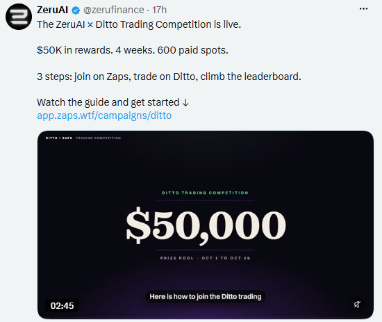 A Twitter/X post from ZeruAI announcing the 'ZeruAI x Ditto Trading Competition' with $50K in rewards over 4 weeks and 600 paid spots, linking to a guide on app.zaps.wtf.