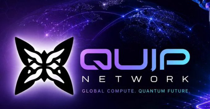 The logo for QUIP Network with the tagline "GLOBAL COMPUTE. QUANTUM FUTURE." set against a dark purple background with glowing network connections.