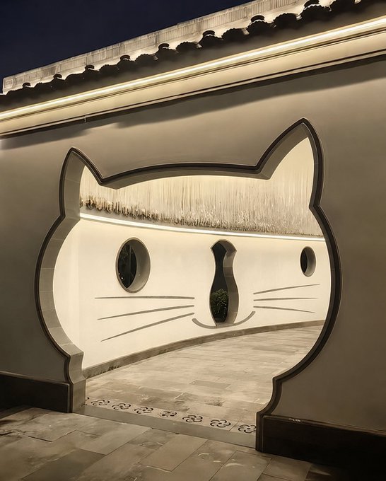 Nighttime view of a traditional Chinese garden featuring a white wall designed in the shape of a cat's head, complete with cat ears, cut-out eyes, whiskers, and a real door as the cat's mouth.