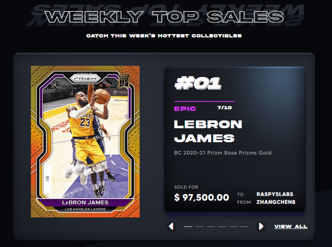 The image shows Panini NFTs' "Weekly Top Sales" ranking a LeBron James #01 Epic 7/10 BC 2020-21 Prizm Gold card as the top sale, which sold for $97,500 from ZHANGCHEN8 to RASPYSLABS. This visually supports the post's point about Panini NFTs sustaining active trading at high price points (50.85 ETH) despite broader NFT market skepticism.