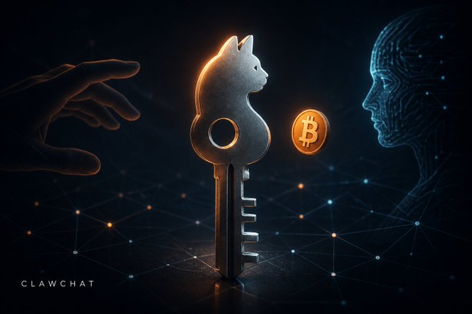 A 'CLAWCHAT' branded digital artwork showing a hand reaching toward a metallic cat-shaped key, with an AI robotic head on the right and a gold Bitcoin coin floating in the middle.
