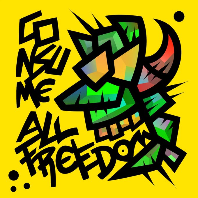 Vibrant yellow graphic art displays the text 'GONN ME ALL FREEDOM' alongside an abstract geometric illustration.