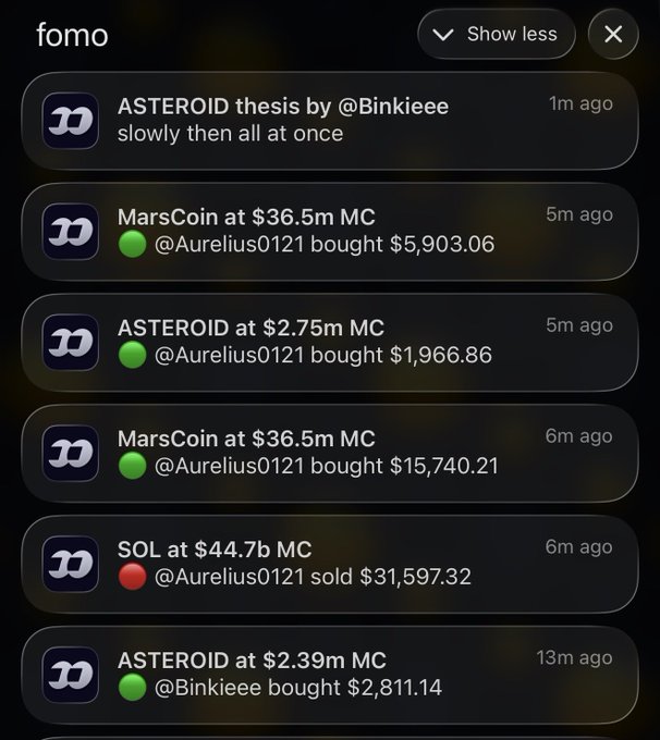 A dark-themed crypto tracking app called "fomo" displays recent transactions and theses, highlighting notable buys and sells across multiple tokens. Visible entries include ASTEROID thesis by @Binkieee ("slowly then all at once"), MarsCoin buys at $36.5m MC by @Aurelius0121 ($5,903.06 and $15,740.21), an ASTEROID buy at $2.75m MC, an SOL sell at $44.7b MC ($31,597.32), and another ASTEROID buy at $2.39m MC by @Binkieee. The image supports the post by showcasing real-time buying activity and bullish theses for $Asteroid and $Marscoin, reinforcing the narrative of these tokens being desirable purchases.