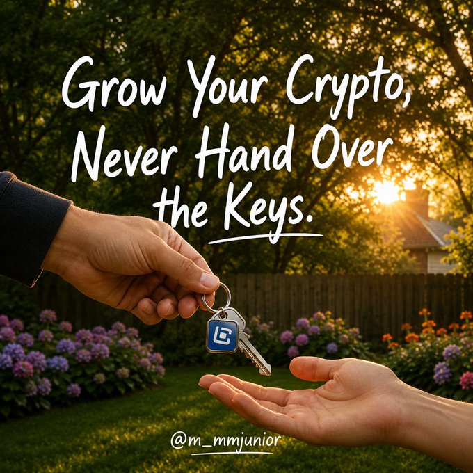A hand passes a key with a "G" emblem to another in a sunlit garden, with the text "Grow Your Crypto, Never Hand Over the Keys" and the handle "@m_mmjunior." 

The image visually reinforces the post's gardening metaphor—using the symbol of a key being handed over to illustrate how users can let someone help grow their crypto while still retaining full ownership and control of their assets.