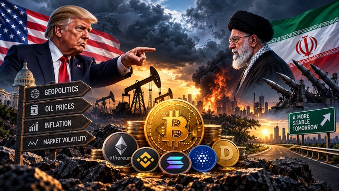 An AI-generated geopolitical illustration shows Donald Trump pointing at an Iranian cleric with Bitcoin, Ethereum, and oil rigs between them, alongside signs for 'GEOPOLITICS', 'OIL PRICES', 'INFLATION', 'MARKET VOLATILITY', and 'A MORE STABLE TOMORROW'.