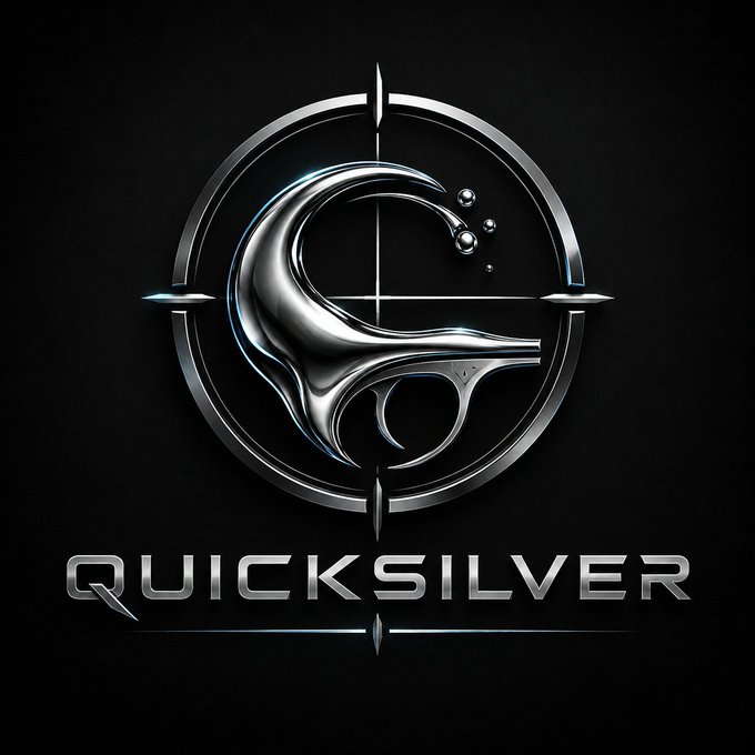 A metallic 3D logo design featuring a stylized "Q" with a fish hook inside a crosshair circle, with the word "QUICKSILVER" displayed below in chrome lettering on a black background.