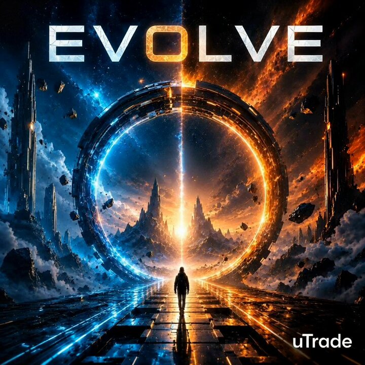 The movie poster for "Evolve" features a man standing at the center of an alien-like landscape with bright lights above him. The setting includes futuristic elements resembling planets from another galaxy. A blue circle surrounds the man, which appears to be connected to the sky and filled with the glow of distant stars. The scene indicates that the character is in a space-themed environment, possibly related to the movie's theme or storyline. In the backdrop, there are other objects like trees, clouds, and mountains, suggesting a vast and diverse planet. This poster effectively captures the essence of "Evolve" as an immersive experience set in a futuristic world where continuous evolution drives progress. The post about UTrade emphasizes the importance of continuous learning and improvement in this rapidly changing digital landscape to stay relevant and seize opportunities for long-term success.
