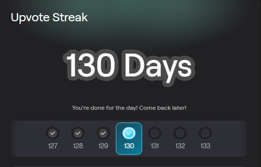 An 'Upvote Streak' app screen showing '130 Days' completed with checkmarks on days 127-129 and day 130 highlighted in blue.