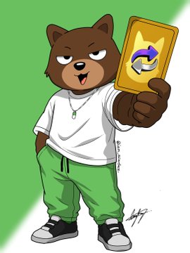An illustrated bear character wearing a white shirt, green pants, and chain holds up a yellow card featuring a purple and blue logo.