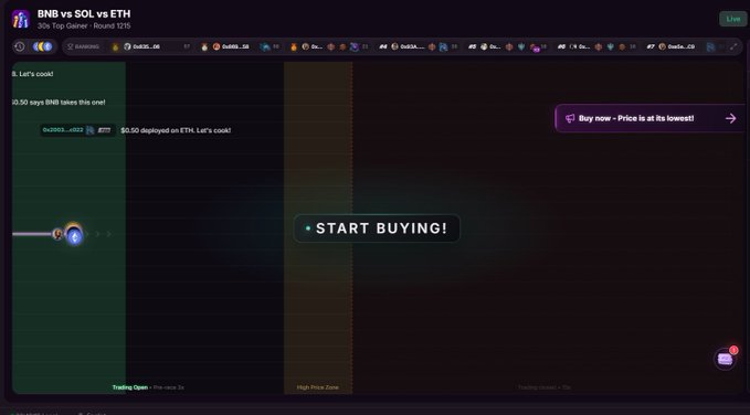 Screenshot of a cryptocurrency trading platform showing an event called 'BNB vs SOL vs ETH' with a 'START BUYING!' button and information about ETH being 'cooked' for $0.50.