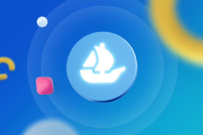 The image features the OpenSea logo—a white sailboat icon on a glossy light blue circular button—set against a vibrant blue background with floating colorful elements like a pink cube and yellow ring, which complements the post celebrating OpenSea's redesigned mobile app as a refreshed, modern product that has revitalized the NFT and meme coin trading experience.