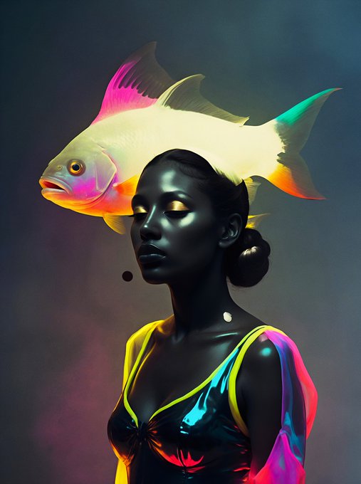 A stylized digital artwork of a dark-skinned woman with closed eyes wearing a colorful outfit, with a vibrant multicolored fish floating above her head against a dark background.