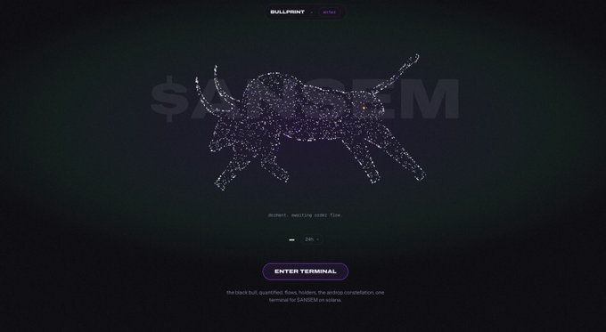 The image shows a dark-themed website for "BULLPRINT" with a purple particle-art rendering of a bull and the text "$ANSEM" in the background, matching the "$ANSEM" ticker referenced in the post. An "ENTER TERMINAL" button and a countdown timer indicate the analytics platform is launching imminently.