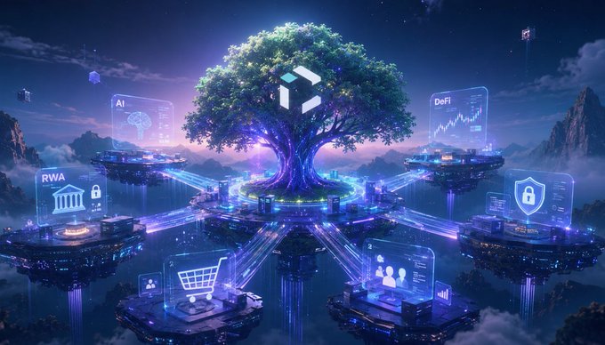 A glowing tree-of-life hub connects floating islands labeled "AI," "DeFi," and "RWA," symbolizing how CNPYNetwork interlinks distinct blockchain sectors through a unified root rather than cramming them onto one chain. The visual mirrors the post's message by depicting a multi-chain ecosystem where diverse applications branch out from a single secure core instead of sharing congested infrastructure.