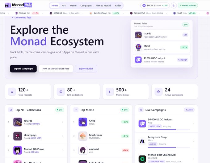 The image shows a website called "Monad Hub" that has a purple background with white text, displaying information about the Monad ecosystem. The website offers various features such as exploring campaigns, collecting memes, and tracking trends. It also provides links to other Monad hubs for further exploration.