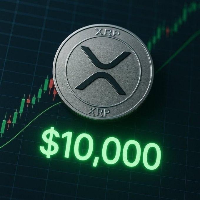 A metallic XRP coin rests on a green candlestick chart, with glowing text reading "$10,000" displayed below—visually capturing the post's message about the psychological milestone of panic buying once XRP reaches that price point.