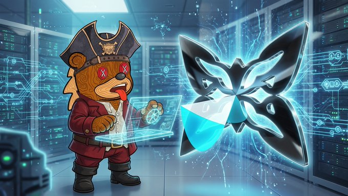 A digital illustration of a pirate bear character in a captain's hat with an eyepatch examining a holographic tablet in a server room, standing next to a futuristic metallic emblem.