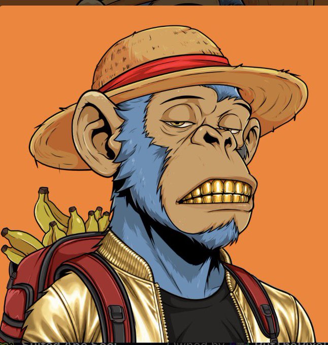 A blue-furred cartoon ape wearing a straw hat and gold jacket grins with prominent gold teeth while carrying a backpack full of bananas, celebrating the mint party hosted by @TheSuitedApes.
