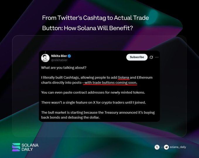 A 'Solana Daily' graphic titled 'From Twitter's Cashtag to Actual Trade Button: How Solana Will Benefit?' featuring a tweet from Nikita Bier (@nikitabier) discussing Cashtags, Solana/Ethereum charts, and trade buttons.
