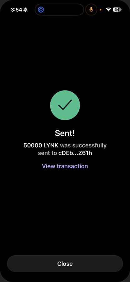 A smartphone screen displays a successful crypto transaction confirmation showing 'Sent! 50000 LYNK was successfully sent to cDEb...Z61h' with a green checkmark and a 'Close' button.
