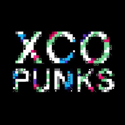 Glitch-style text reading 'XOO PUNKS' in white with colorful pixel distortions against a black background.