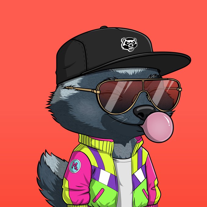 A digital illustration of a gray dog wearing a black baseball cap with a dog logo, large sunglasses, and a neon green and pink jacket, blowing a pink bubblegum bubble against a red background.