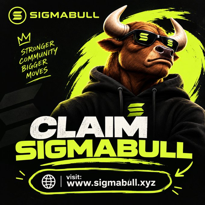 A bold promotional graphic features a fierce bull wearing sunglasses and a black SigmaBull hoodie, set against a neon green and black background with the SigmaBull logo prominently displayed at the top. The image advertises a "$SIGMABULL Airdrop" with the call-to-action "CLAIM SIGMABULL," directing users to visit www.sigmabull.xyz to participate in the limited-time 24-hour airdrop event offering 250,000 $SIGMABULL tokens to those who follow, like, and repost the pinned content.
