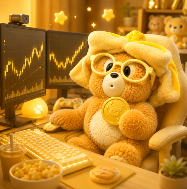 A golden teddy bear wearing yellow glasses and a bow sits at a desk with computer monitors displaying stock charts, alongside a gold coin token, snacks, and a small potted plant.

The image playfully reinforces the post's warning by depicting a "trader bear" holding a gold coin token in a trading setup, symbolizing the importance of verifying official crypto launches like $BANKO before buying to avoid fake tokens and theft.