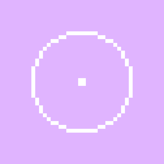 A minimalist pixel-art logo showing a white circular ring with a small square center on a solid lavender/pink background.
