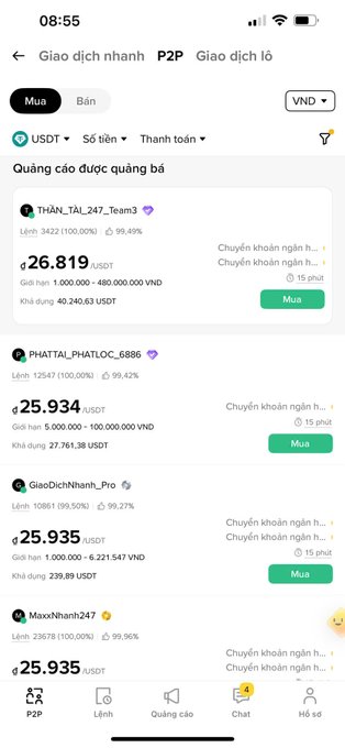 A screenshot of Binance's P2P trading interface showing USDT buy listings from Vietnamese merchants, with rates around ₫25,934–₫26,819 per USDT, including verified traders like "Thần_Tài_247_Team3" and "GiaoDichNhanh_Pro." The image illustrates the post's point about how P2P ads have changed over time, highlighting merchants' competitive rates and trade histories that users once relied on for safe and profitable transactions.