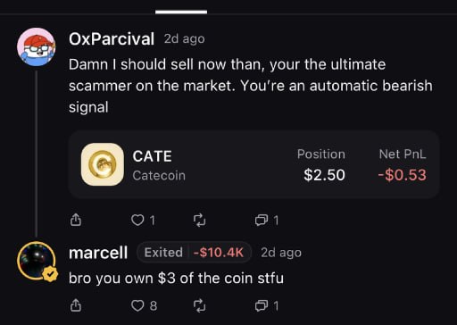 A Reddit-style comment thread where user 'OxParcival' comments 'Damn I should sell now than, your the ultimate scammer on the market. You're an automatic bearish signal' on a CATE (Catecoin) position showing $2.50 with a -$0.53 Net PnL, followed by 'marcell' replying 'bro you own $3 of the coin stfu'.