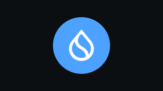 A simple graphic featuring a blue circle with a white water drop logo on a black background.