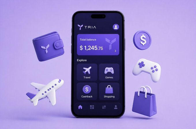 A 3D-rendered smartphone displays the 'TRIA' financial app showing a total balance of $1,245.75, surrounded by floating icons of a wallet, airplane, game controller, dollar coin, and shopping bag on a purple background.