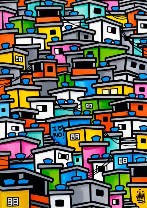 A vibrant, densely-packed illustration of colorful houses resembling a favela, with one blue house displaying the text 'I ❤ RIO' and a small crown logo in the bottom right corner.
