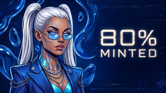 A stylized illustration of a white-haired cybernetic woman with blue glowing accents, sunglasses, and a blue blazer set against a swirling blue liquid background, accompanied by bold text reading "80% MINTED" to promote the Prophets NFT mint progress on LaunchMyNFT.