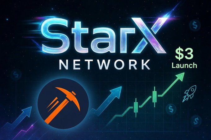A promotional graphic for StarX Network features the glowing logo and text "$3 Launch" alongside a rising price chart, pickaxe, and rocket icon, visually reinforcing the $3 price target highlighted in the post.