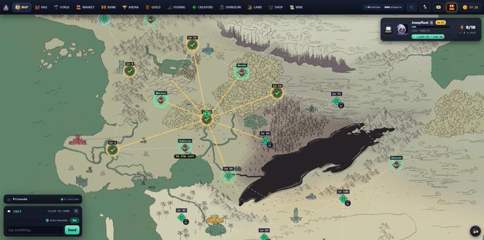 A screenshot of a fantasy-style map interface from a game, showing various territories, player icons, and locations connected by yellow lines, with a navigation bar including options like MAP, BAZAAR, WORLD, MARKET, BANK, ARENA, GUILD, and a user profile labeled 'JosephPunk' (Level 43).