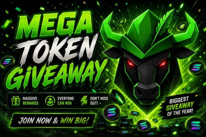 A promotional graphic for a "$RBULL Mega Token Giveaway" featuring a green-glowing, red-eyed bull mascot surrounded by Solana (SOL) coins, with bold text highlighting "Massive Rewards," "Everyone Can Win," "Don't Miss Out!" and "Join Now & Win Big!" — visually reinforcing the post's announcement of a $100,000 token giveaway with three cash prizes ($500, $300, $200) running for 24 hours.