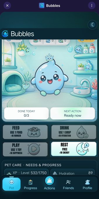 A mobile app interface for 'Bubbles' shows a virtual pet dashboard with action options like Feed, Drink, Play, and Rest, with XP Level 53.