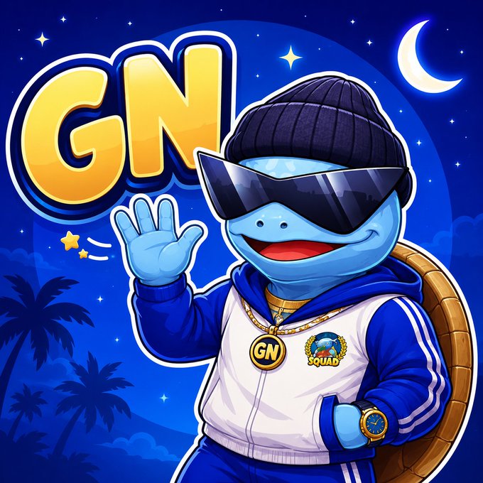 A colorful cartoon mascot of a blue turtle wearing a beanie, sunglasses, and a 'GN' jacket, waving against a night sky background with the letters 'GN' prominently displayed.