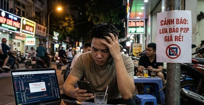 A young man sits at an outdoor street-side café in Vietnam, looking concerned while holding a phone next to a laptop displaying a trading chart. A sign on a pole reads 'CẢNH BÁO: LỪA ĐẢO P2P GIÁ RẺ!' warning of cheap P2P scams.