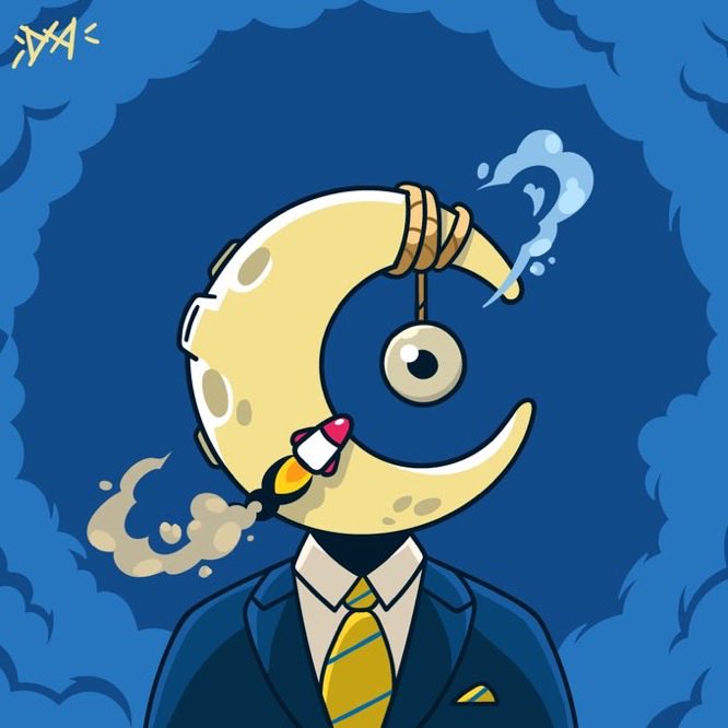 A digital illustration shows a crescent moon character wearing a suit and tie, smoking a rocket-shaped cigarette that trails smoke, set against a blue background with a signature in the corner.