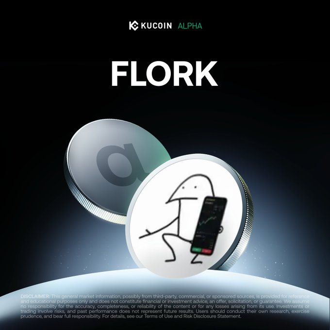 KuCoin Alpha promotional graphic for FLORK token, featuring two 3D coins—one silver with the KuCoin logo and another white coin displaying a cartoon character holding a phone with a stock chart—set against a dark background, complementing the post's enthusiasm about an anticipated FLORK exchange listing and its surprisingly low sub-$10 million market cap.