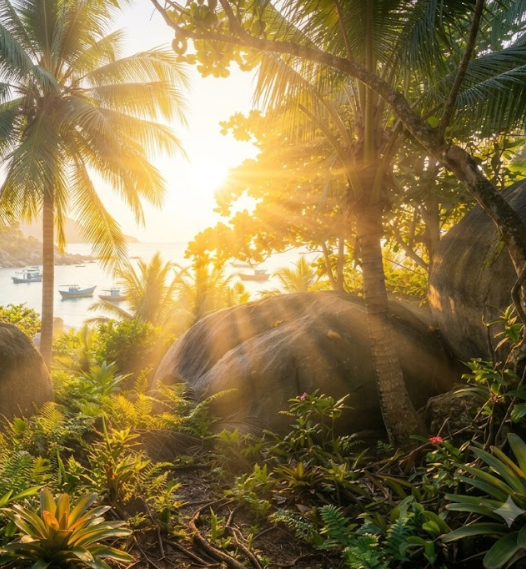A sunlit tropical landscape features palm trees and lush greenery surrounding large boulders, with small boats visible on calm waters in the distance.