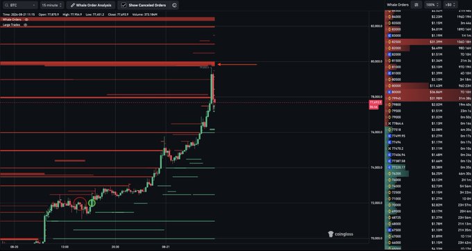A Bitcoin (BTC) candlestick chart on a 15-minute timeframe from BTC-USD, showing significant red "Whale Orders" sell walls stacked around the $80,000 resistance level, with the CoinGlass Whale Order Analysis panel on the right displaying large sell quantities (e.g., 39.886 BTC at $82,000 and 13.896 BTC at $80,000) that align with the post's observation about major whale resistance threatening BTC's upside.